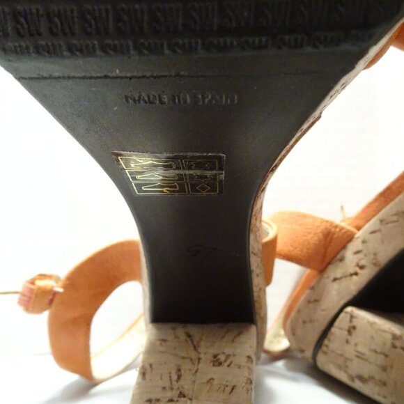 STUART WEITZMAN Platform Sandals Orange Leather Straps Cork Heel Size 37.5 EU 7 - Picture 5 of 5